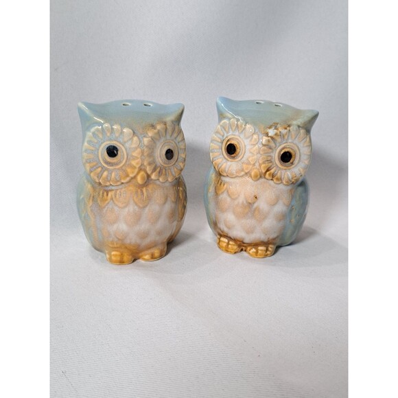 Glazed Ceramic Owl Salt and Pepper Shakers S&P Blue and Tan Unused CUTE - Picture 2 of 9